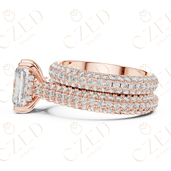 Radiant Cut Solitaire Diamond Ring with Multi-Row Pavé Band