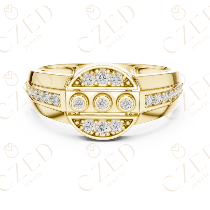 Round Cut Diamond Geometric Panel Band with Pavé and Collet Details