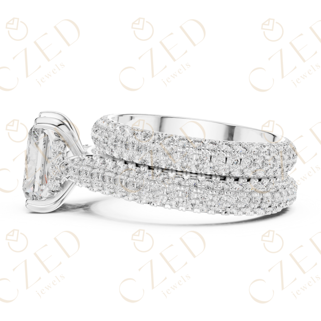 Radiant Cut Solitaire Diamond Ring with Multi-Row Pavé Band