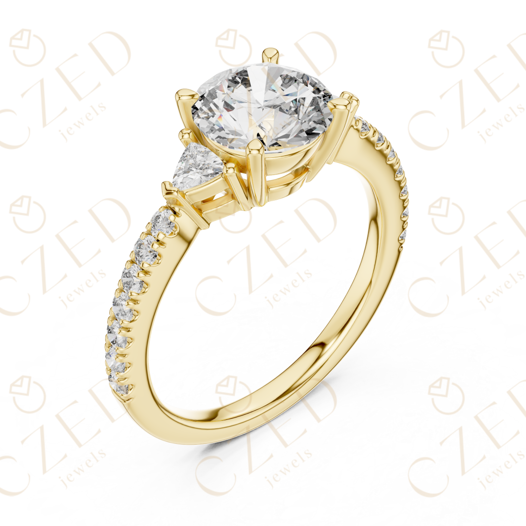 Three Stone Round and Trillion Cut Diamond Ring with Pavé Accents
