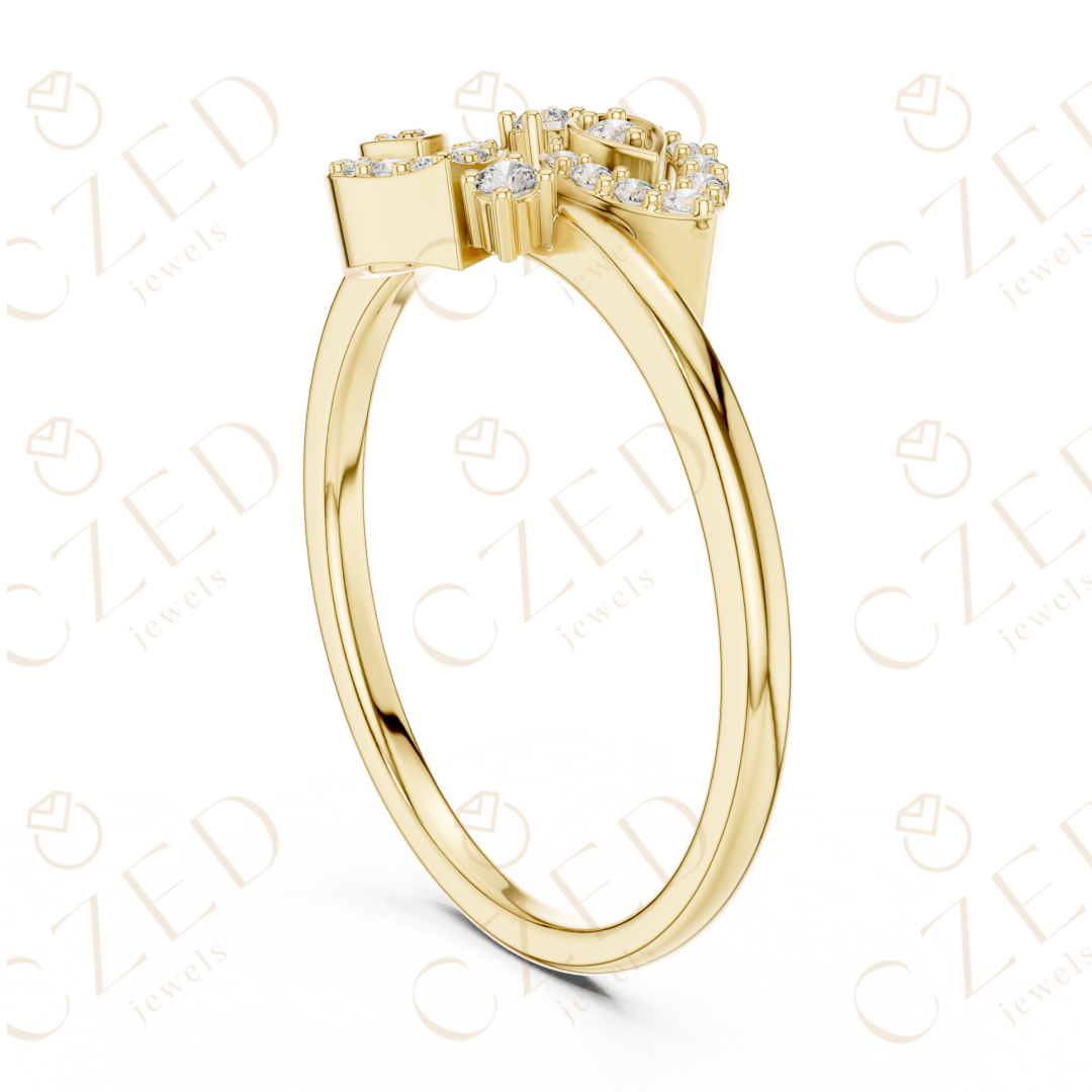 Round Cut Diamond Open Leaf Bypass Ring with Pavé Accents