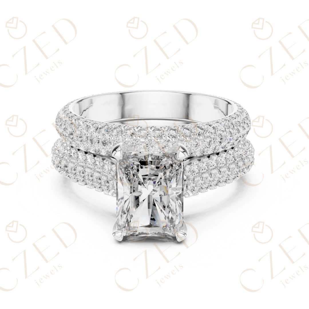 Radiant Cut Solitaire Diamond Ring with Multi-Row Pavé Band