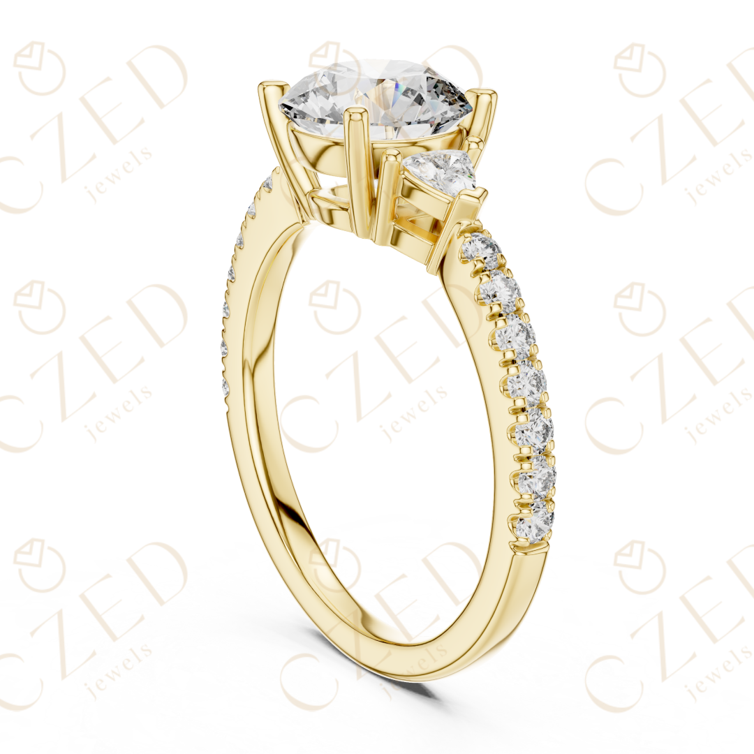 Three Stone Round and Trillion Cut Diamond Ring with Pavé Accents