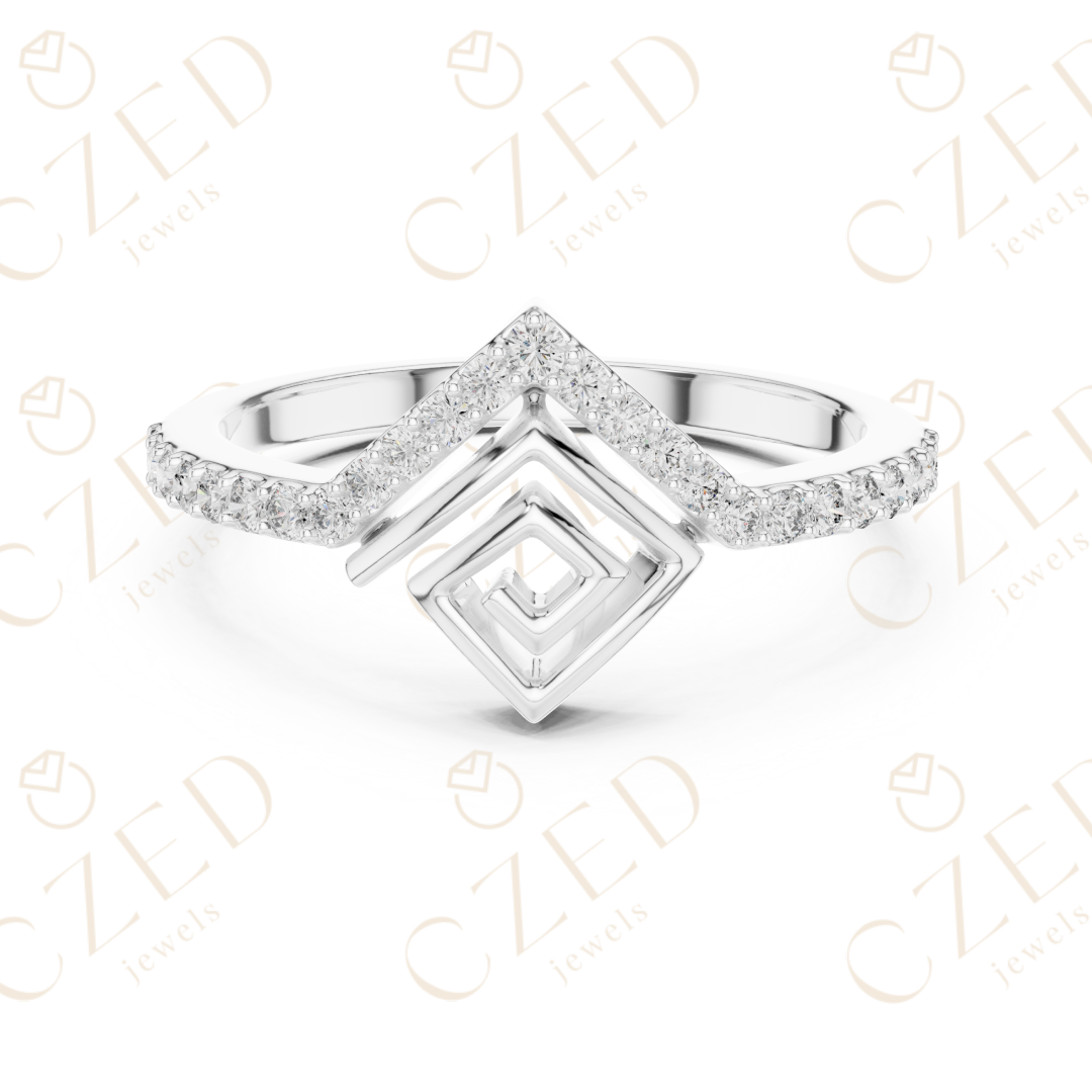 Round Cut Diamond Geometric Chevron Open Band Ring