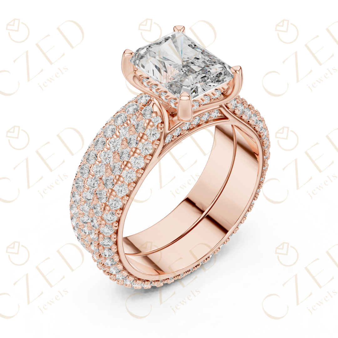 Radiant Cut Solitaire Diamond Ring with Multi-Row Pavé Band