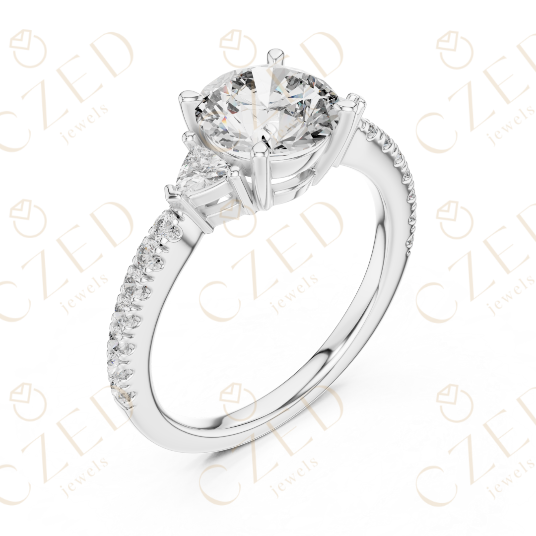 Three Stone Round and Trillion Cut Diamond Ring with Pavé Accents