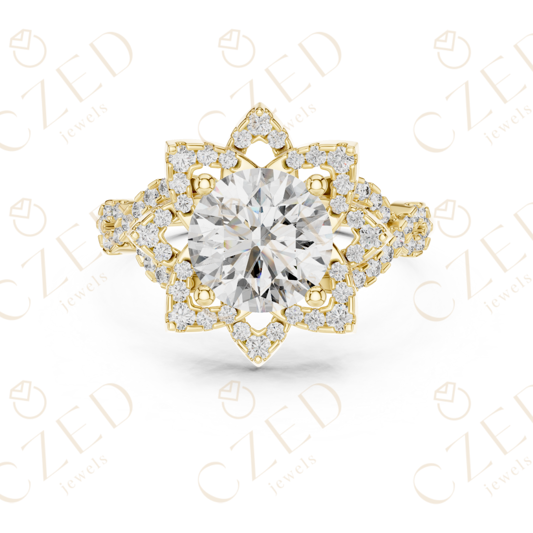 Round Cut Floral Halo Diamond Engagement Ring