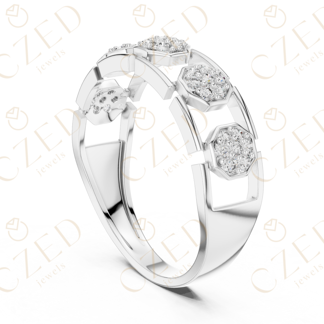 Round Cut Diamond Pavé Hexagon Panel Men’s Band with Openwork Links