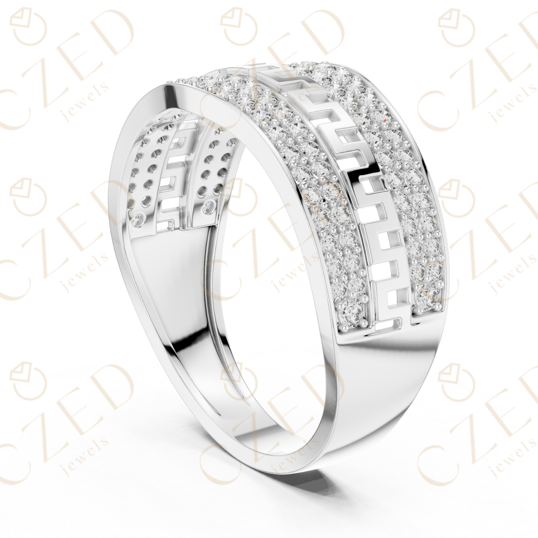 Round Cut Diamond Pavé Panel Men’s Band with Greek Key Openwork