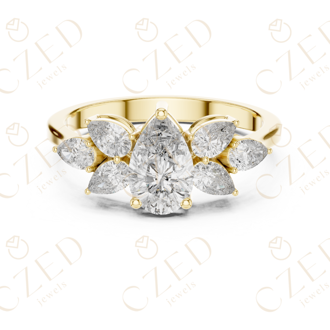 Pear Cut Diamond Floral Side Stone Ring with Elegant Petal-Inspired Brilliance