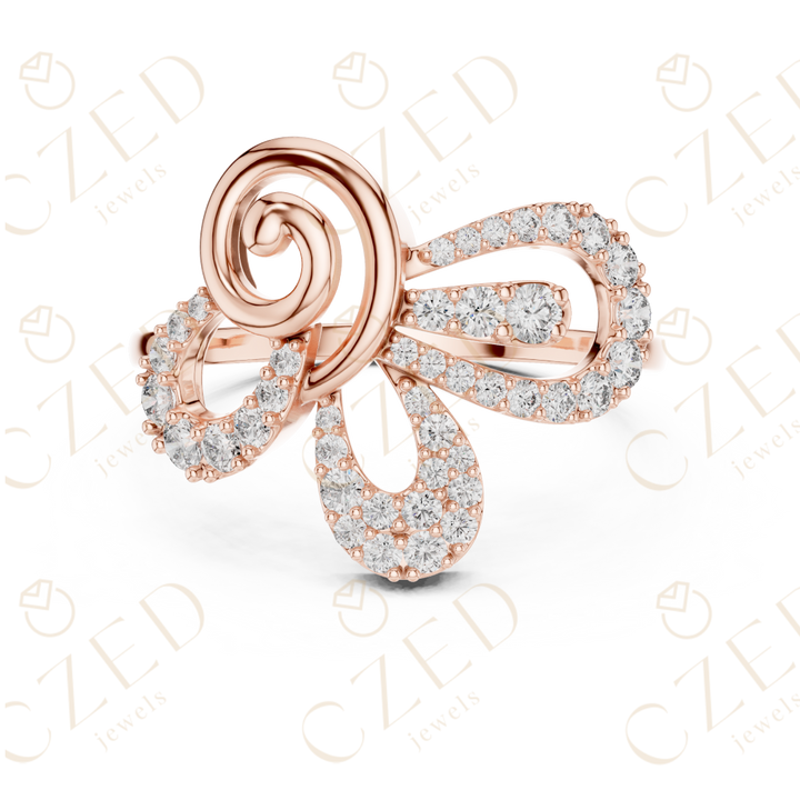 Round Cut Diamond Scroll Bow Twist Halo Ring with Pavé Brilliance