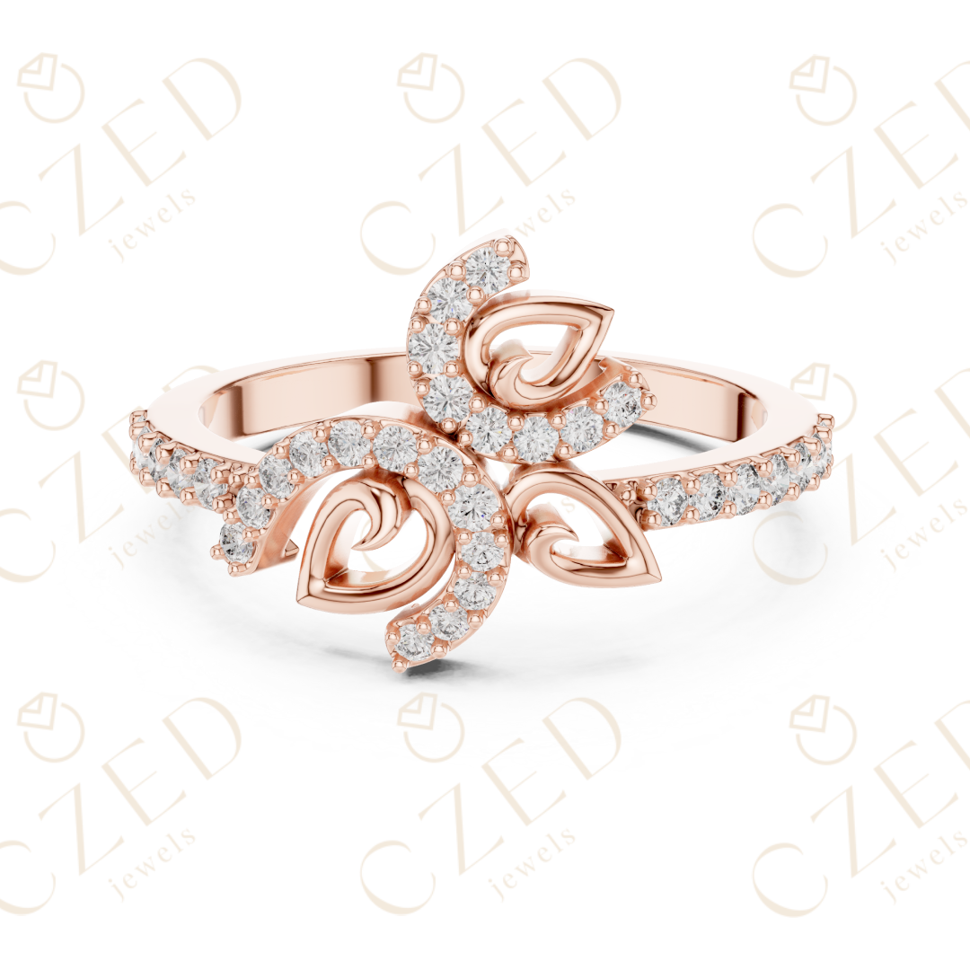 Round Cut Diamond Floral Leaf Halo Ring