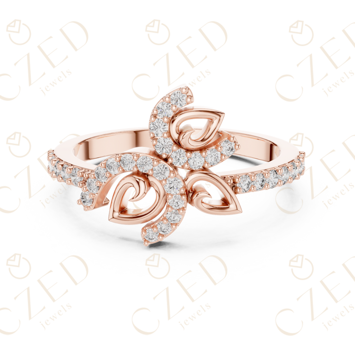 Round Cut Diamond Floral Leaf Halo Ring