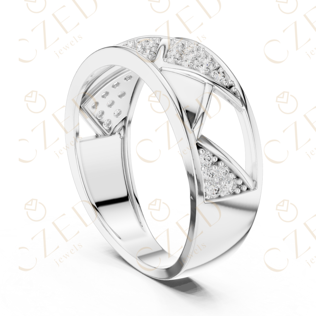 Round Cut Diamond Geometric Cross Band Ring