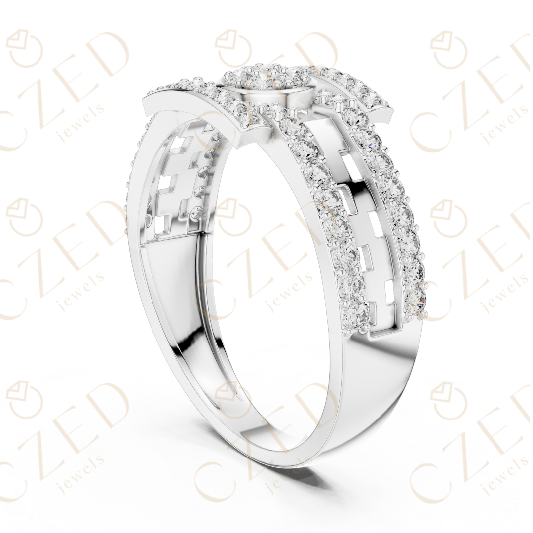 Round Brilliant Diamond Halo Panel Band Ring