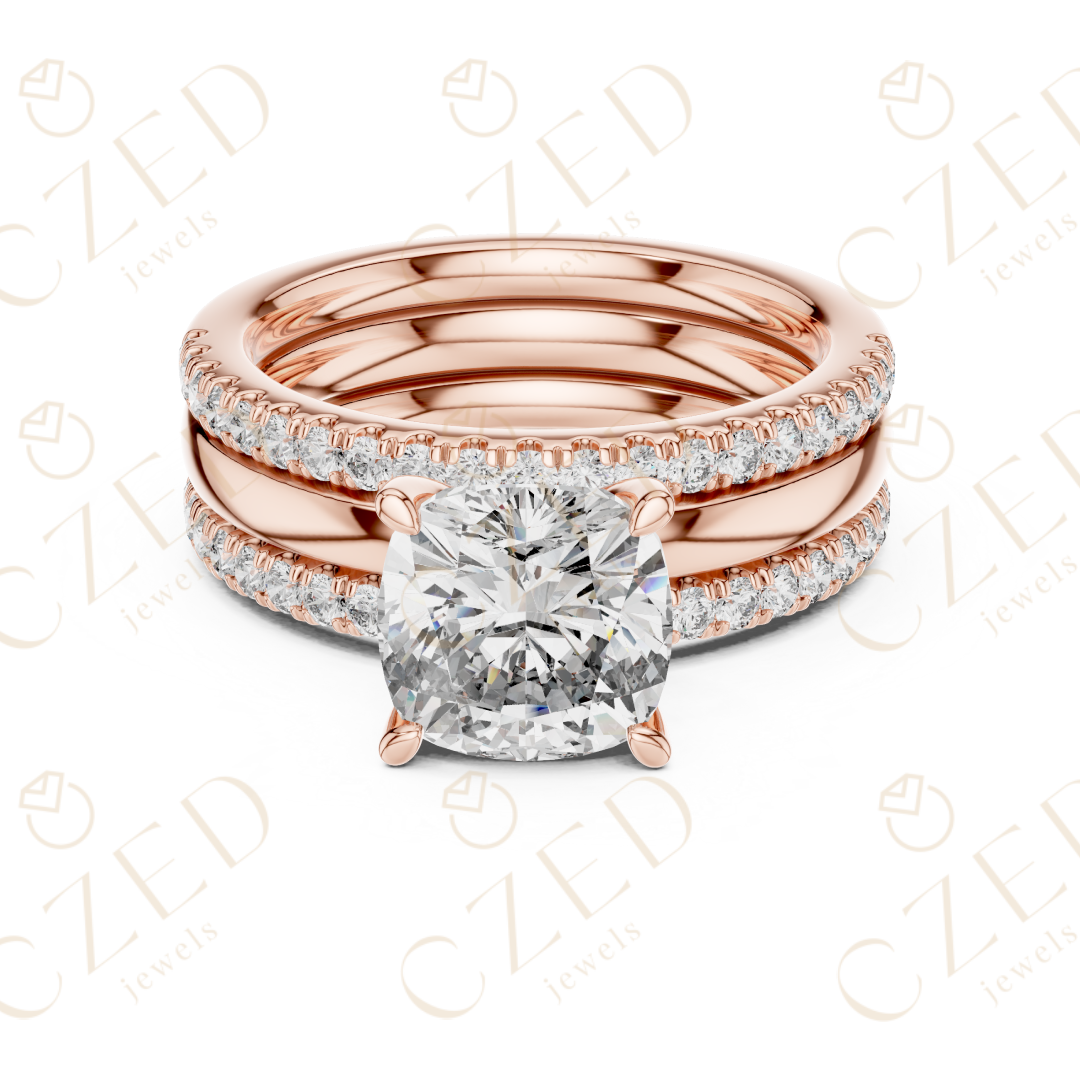 Cushion Cut Diamond Solitaire Ring with Pavé Band Stack