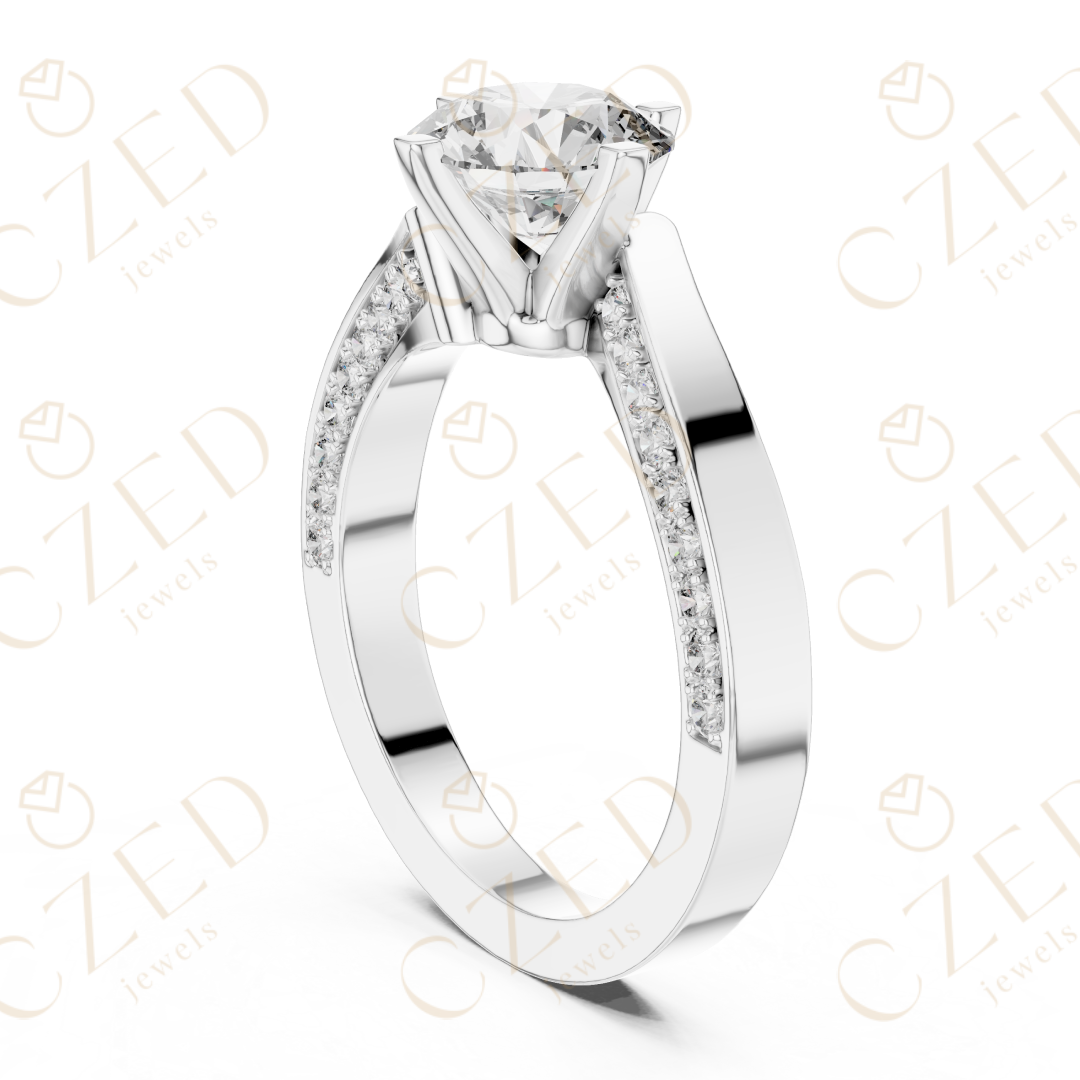 Round Brilliant Solitaire Diamond Ring with Twisted Pavé Accents