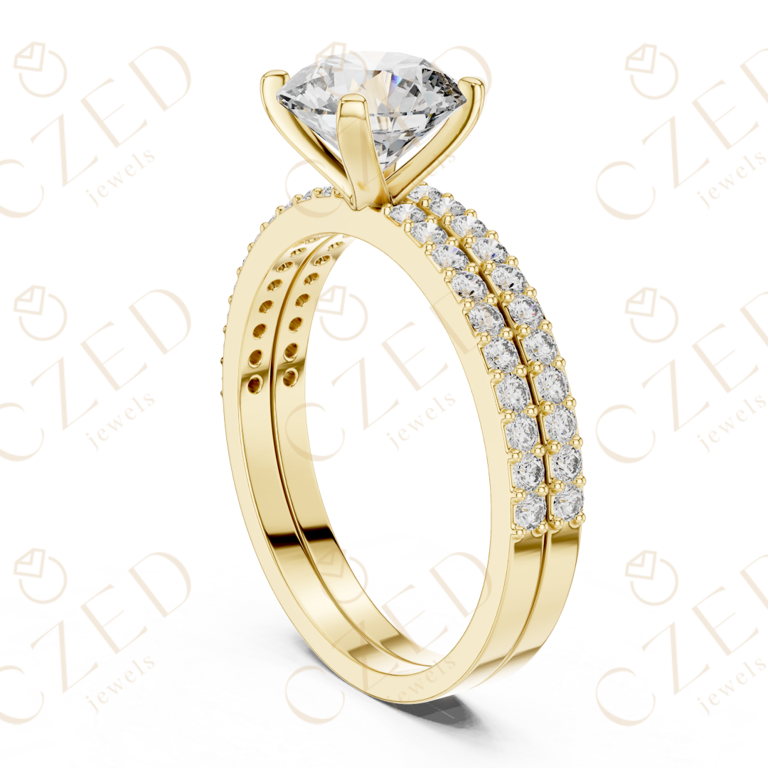 Round Brilliant Diamond Solitaire Ring with Double Row Pave Band