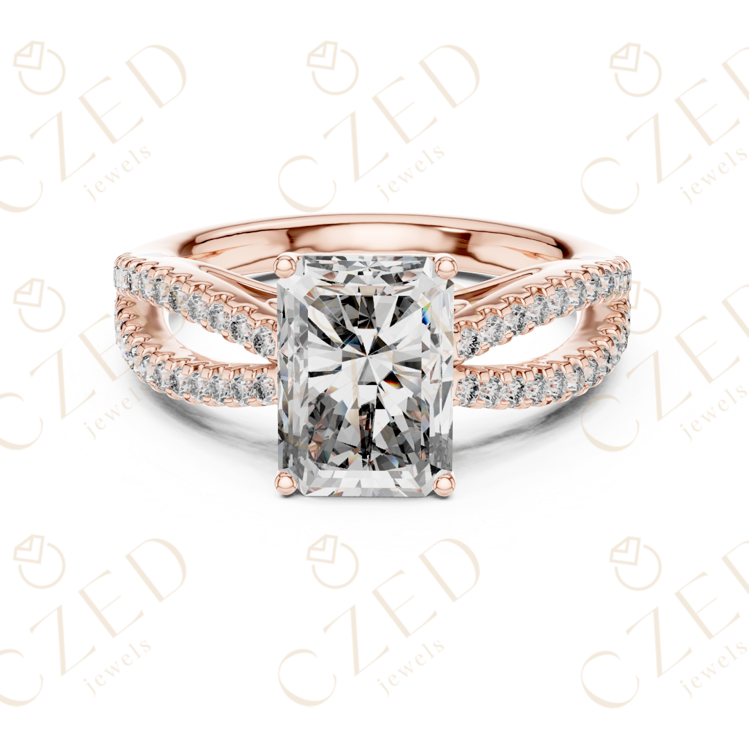 Radiant Cut Diamond Solitaire Ring with Pavé Set Split Shank