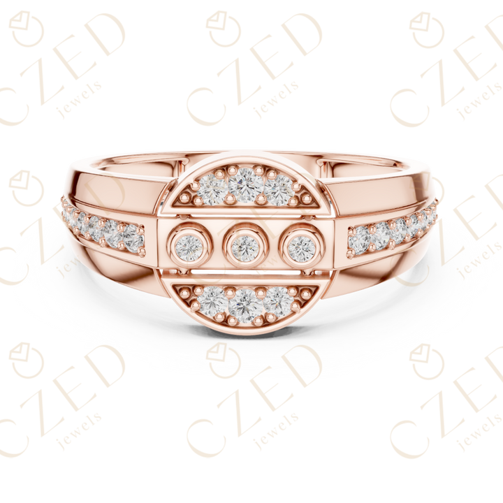 Round Cut Diamond Geometric Panel Band with Pavé and Collet Details