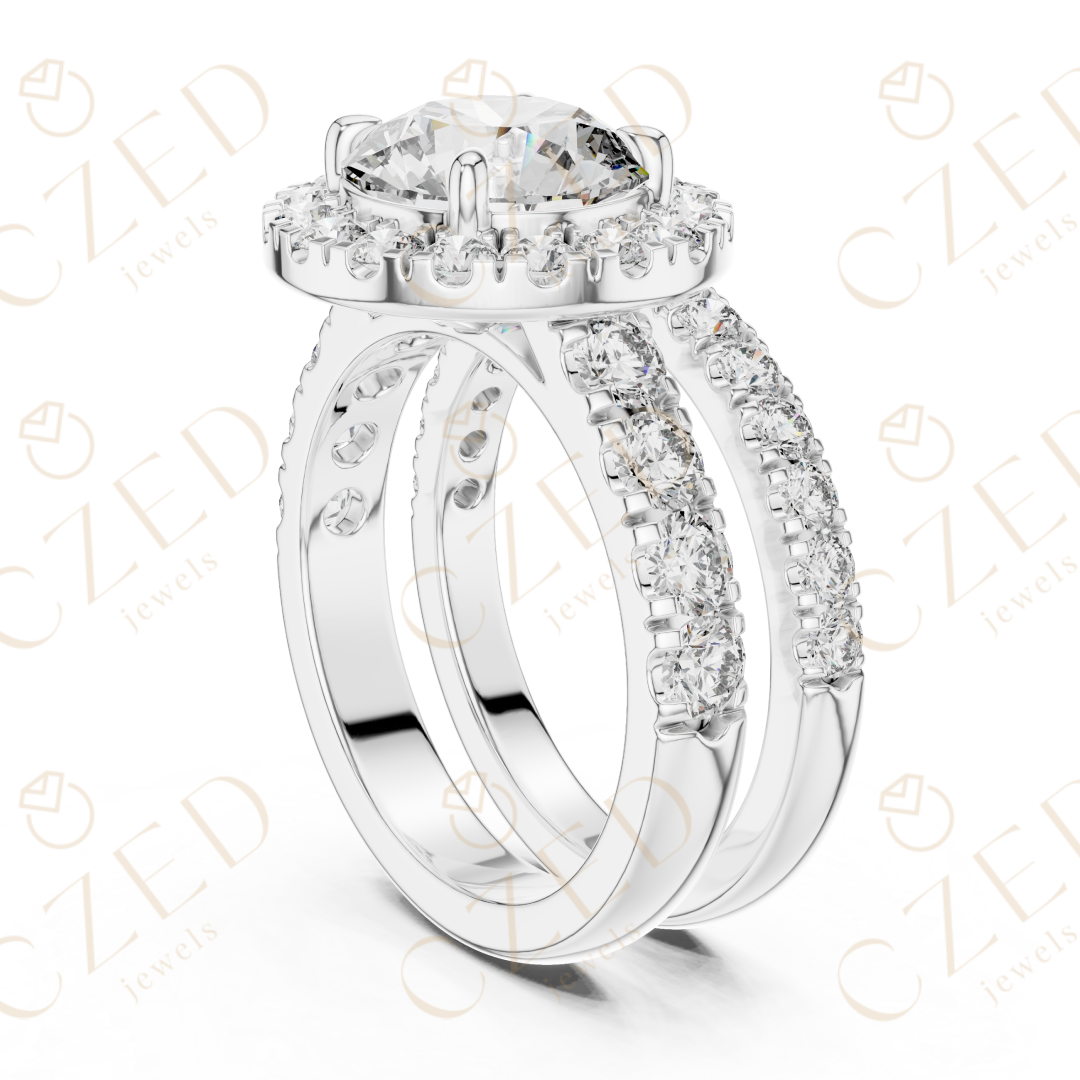 Round Brilliant Diamond Halo Ring with Double Row Pave Band and Matching Band