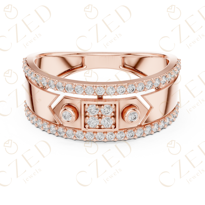 Round Cut Diamond Geometric Pavé Panel Band