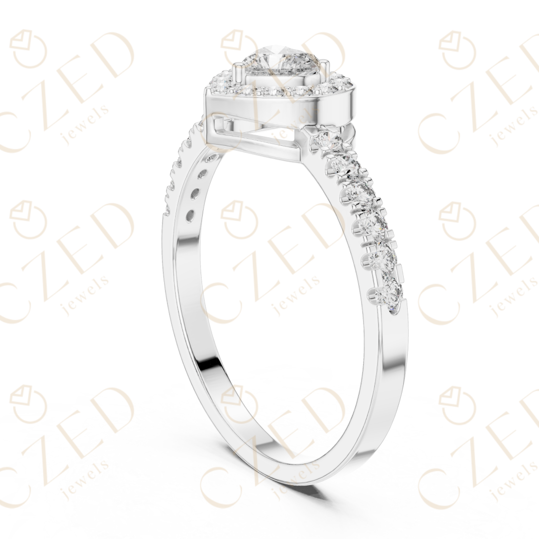 Heart Cut Diamond Halo Ring with Pavé Accented Band and Romantic Brilliance