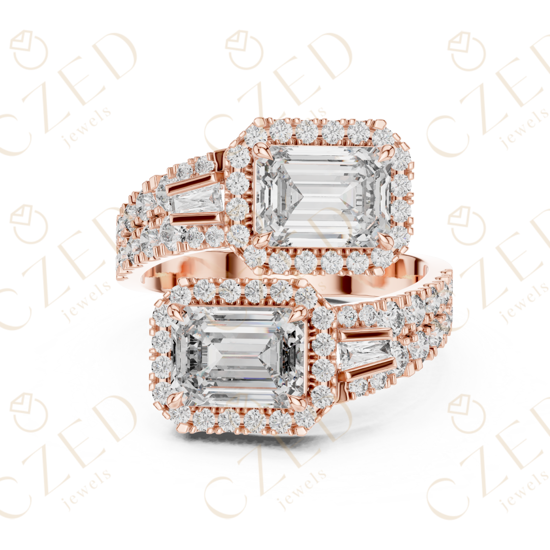 Emerald Cut Diamond Halo Ring with Baguette Side Stones