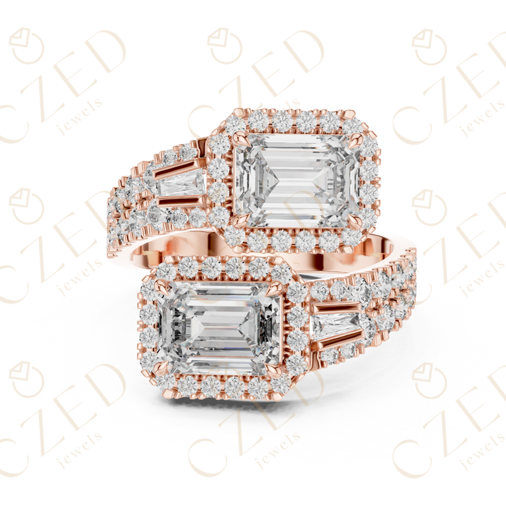 Emerald Cut Diamond Halo Ring with Baguette Side Stones