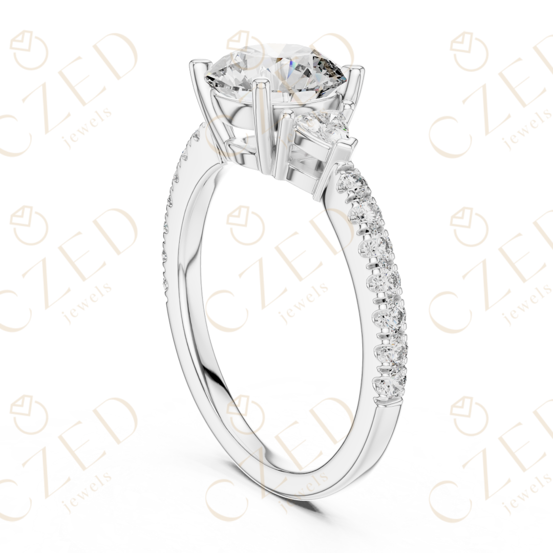 Three Stone Round and Trillion Cut Diamond Ring with Pavé Accents