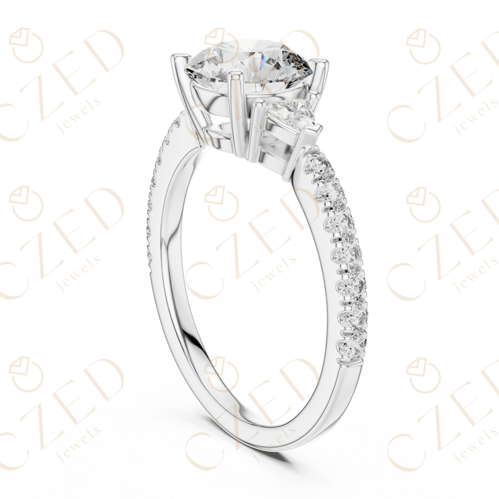 Three Stone Round and Trillion Cut Diamond Ring with Pavé Accents