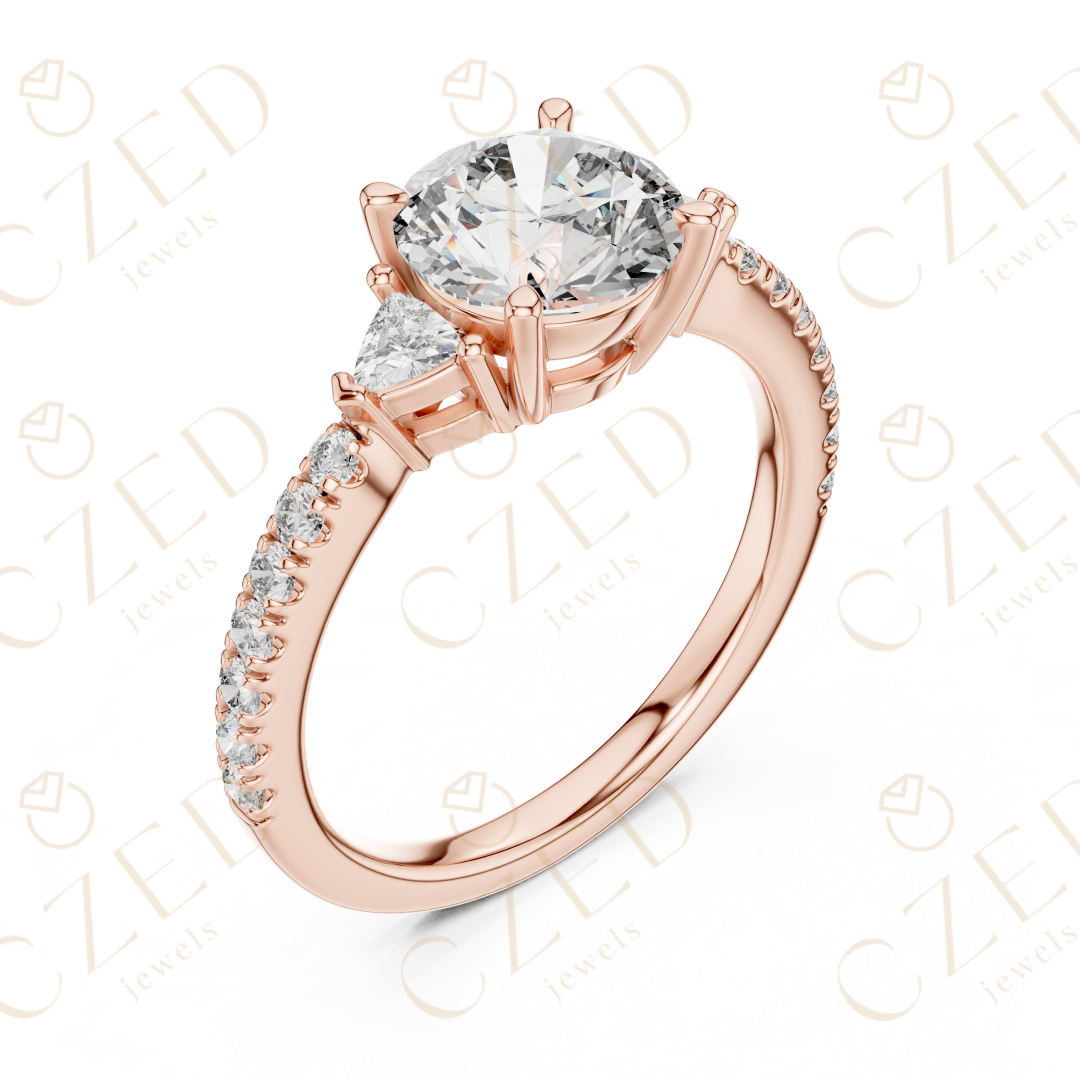Three Stone Round and Trillion Cut Diamond Ring with Pavé Accents