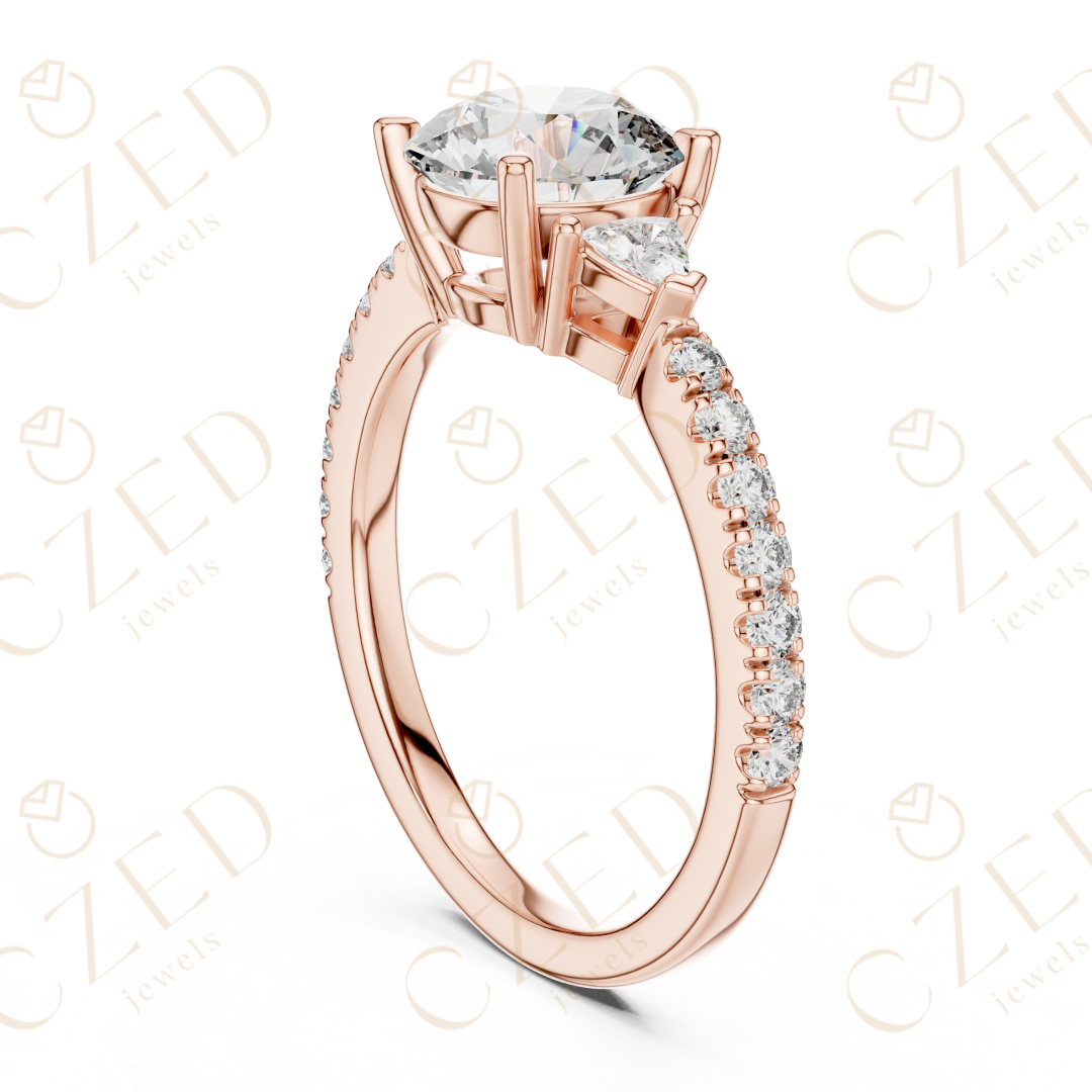 Three Stone Round and Trillion Cut Diamond Ring with Pavé Accents