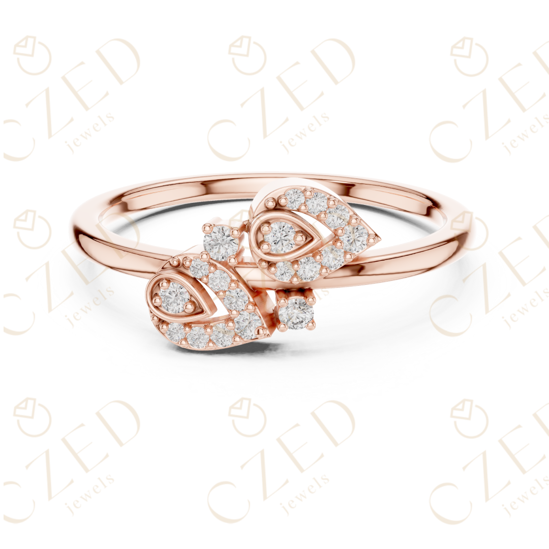 Round Cut Diamond Open Leaf Bypass Ring with Pavé Accents