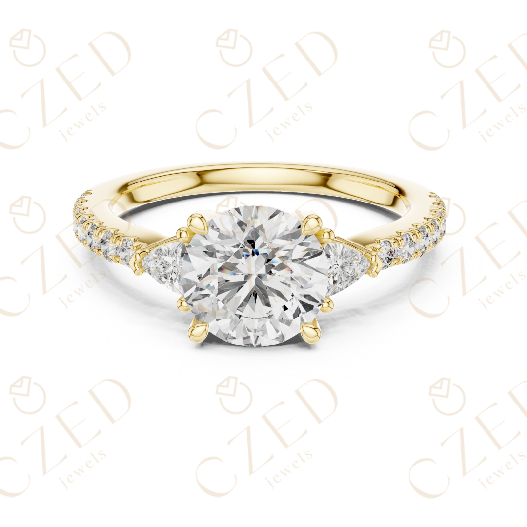 Three Stone Round and Trillion Cut Diamond Ring with Pavé Accents