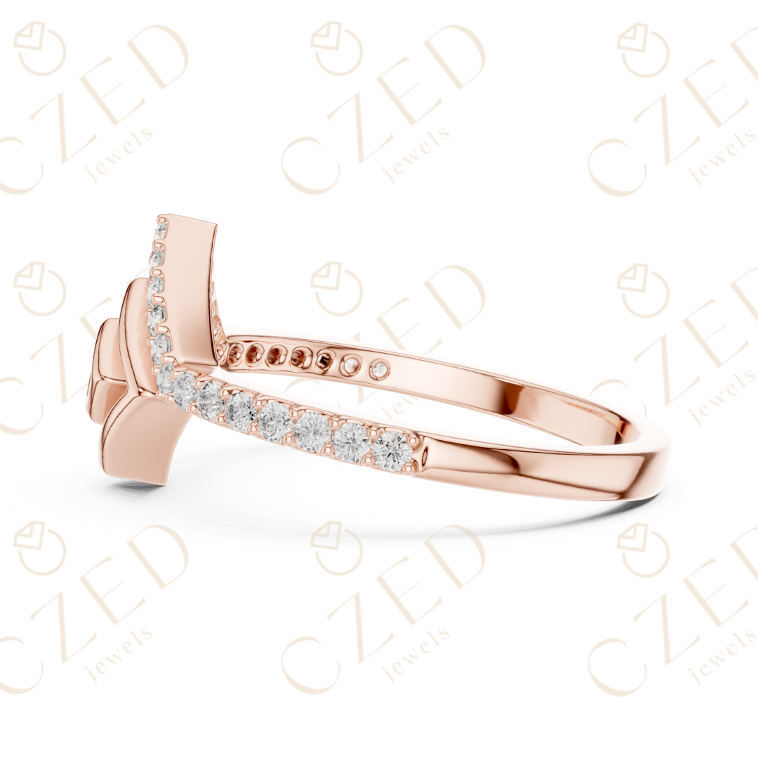 Round Cut Diamond Geometric Chevron Open Band Ring