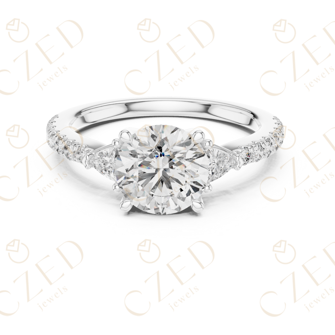Three Stone Round and Trillion Cut Diamond Ring with Pavé Accents