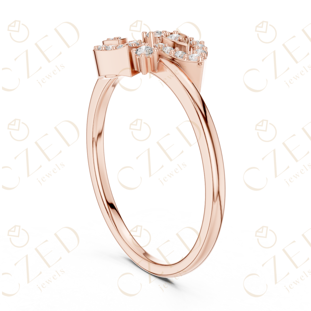 Round Cut Diamond Open Leaf Bypass Ring with Pavé Accents