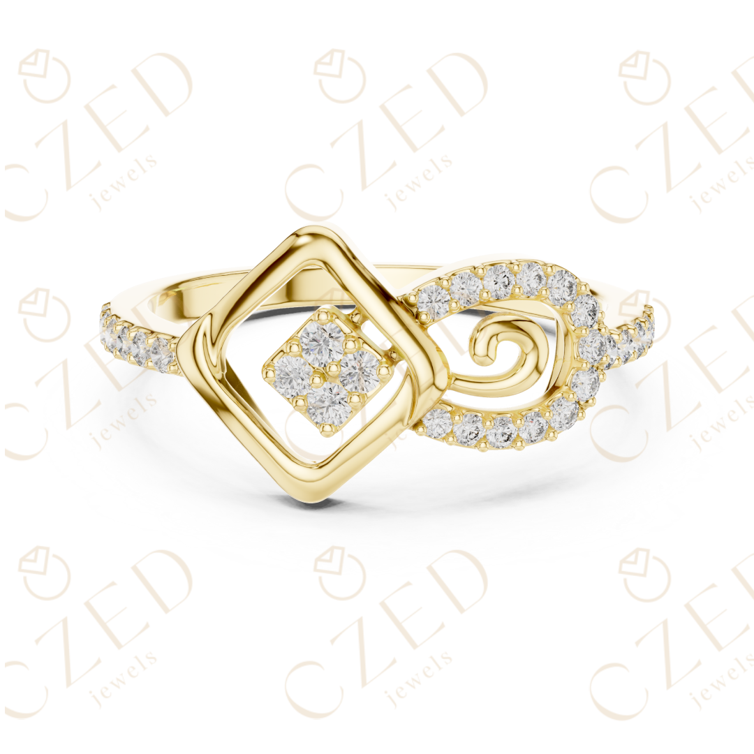 Round Cut Diamond Geometric Square Scroll Halo Ring