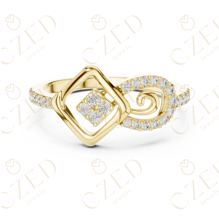 Round Cut Diamond Geometric Square Scroll Halo Ring