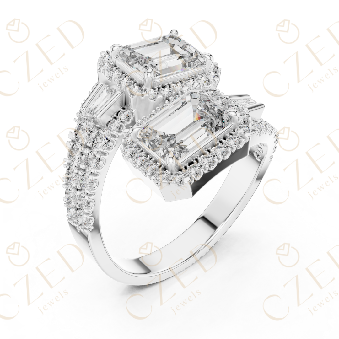 Emerald Cut Diamond Halo Ring with Baguette Side Stones