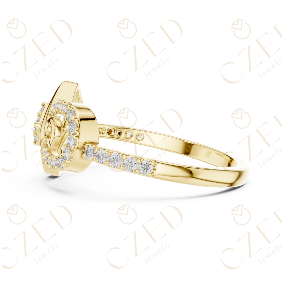 Round Cut Diamond Geometric Square Scroll Halo Ring