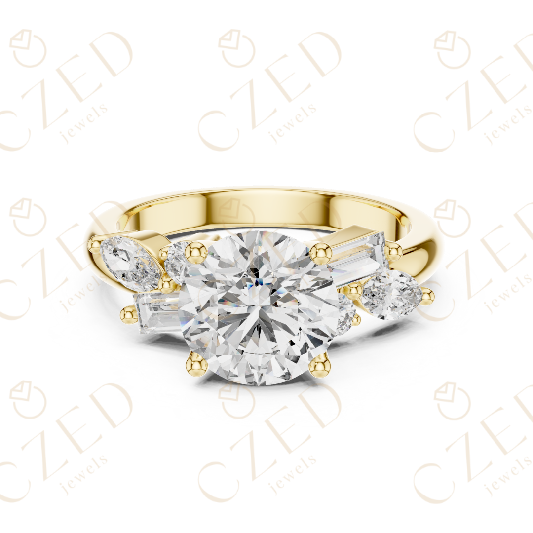 Round Cut Diamond Ring with Marquise and Baguette Side Stones