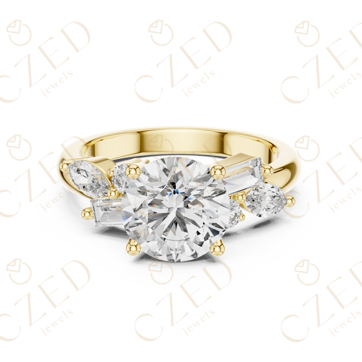 Round Cut Diamond Ring with Marquise and Baguette Side Stones