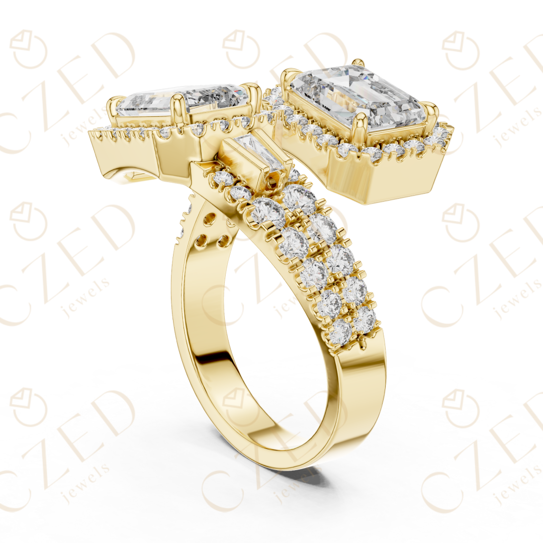 Emerald Cut Diamond Halo Ring with Baguette Side Stones