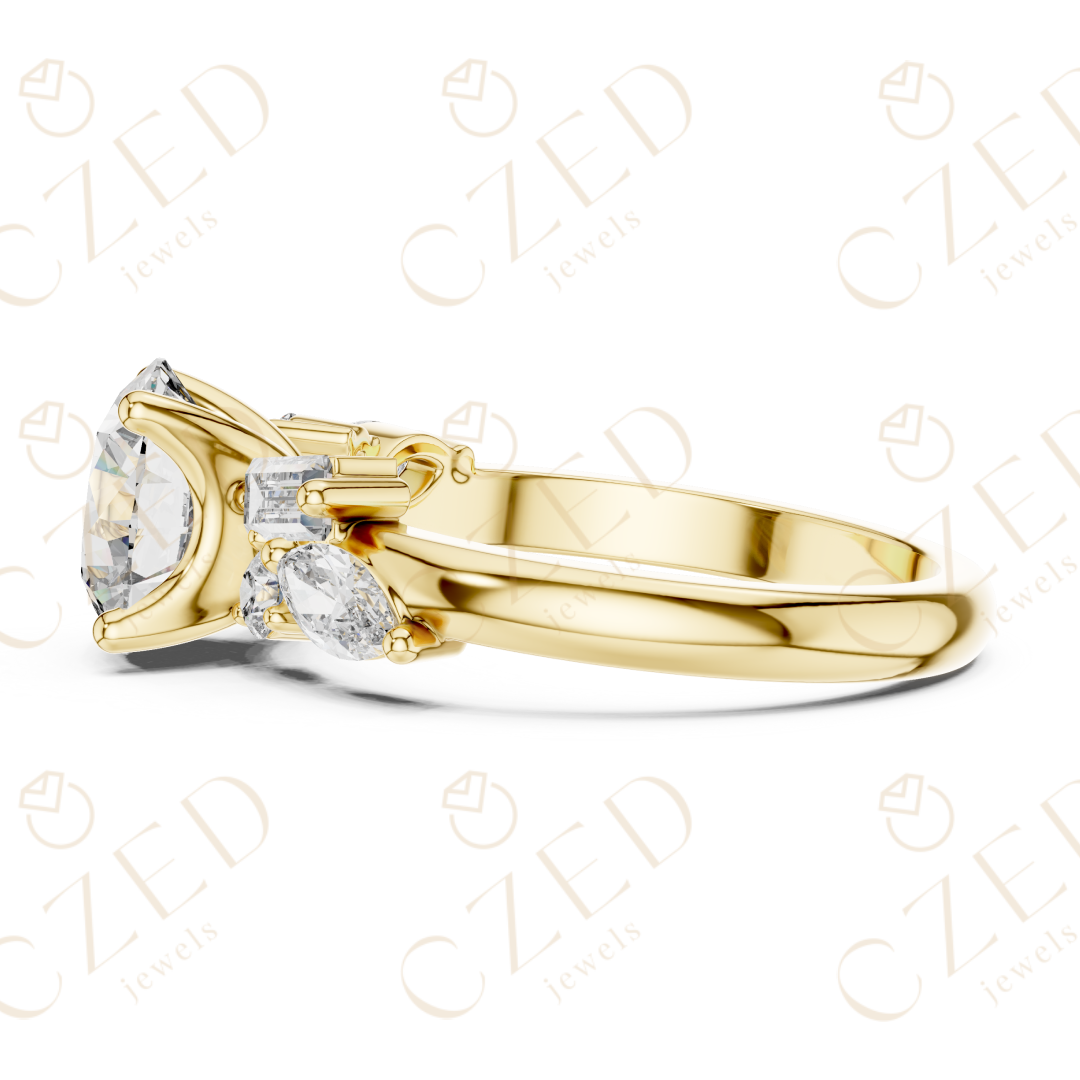 Round Cut Diamond Ring with Marquise and Baguette Side Stones