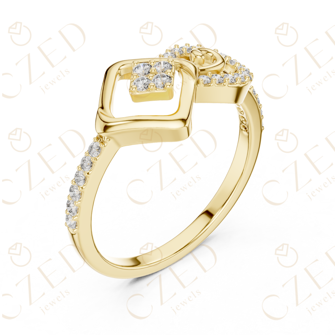 Round Cut Diamond Geometric Square Scroll Halo Ring