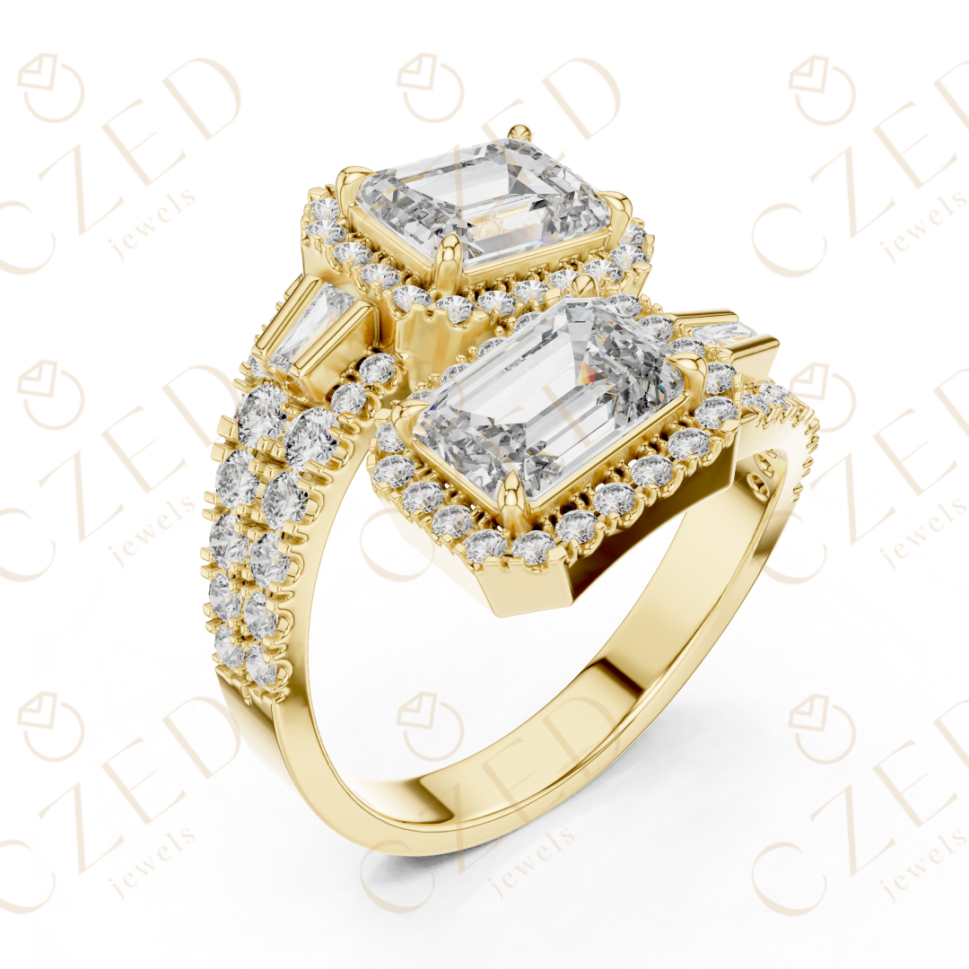 Emerald Cut Diamond Halo Ring with Baguette Side Stones