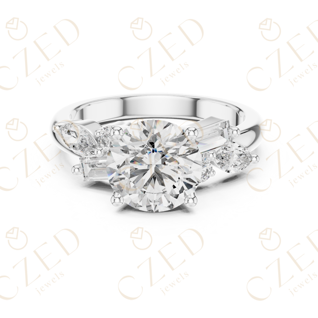 Round Cut Diamond Ring with Marquise and Baguette Side Stones