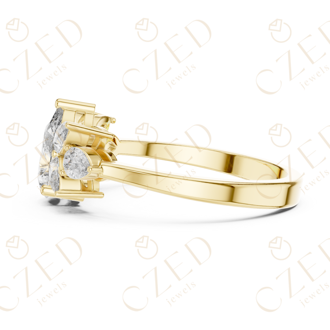 Pear Cut Diamond Floral Side Stone Ring with Elegant Petal-Inspired Brilliance